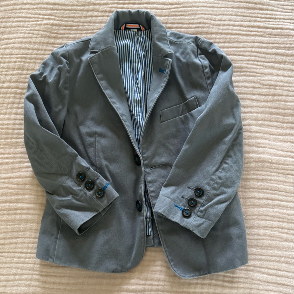 Boys Mini Boden Gray Cotton Blazer with Striped Lining